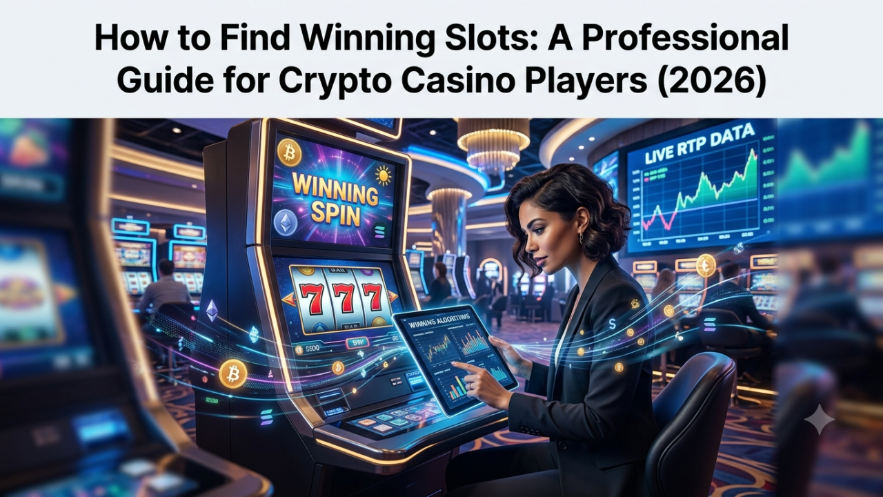 A pro crypto gambler analyzing real-time data on a tablet to find winning slot machines in a neon lit casino with Bitcoin symbols.
