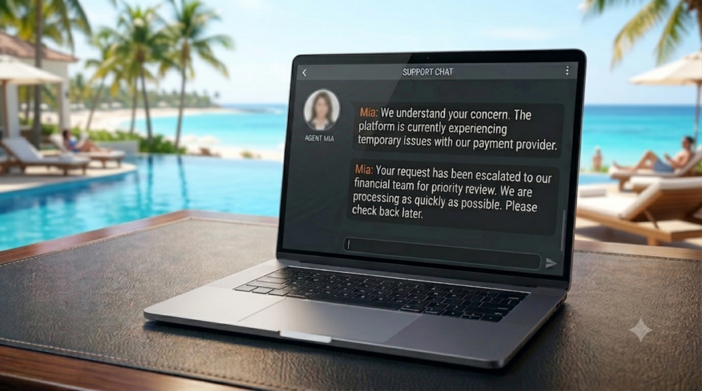 Laptop screen showing crypto casino support chat message about payment provider issues, vacation background at the beach