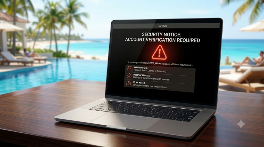 Laptop screen displaying a crypto casino account verification required security notice with a beach resort in the background.