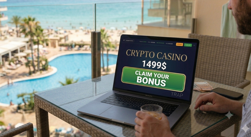 Laptop on a balcony overlooking the sea displaying a 1499$ crypto casino bonus offer with a subtle trap warning