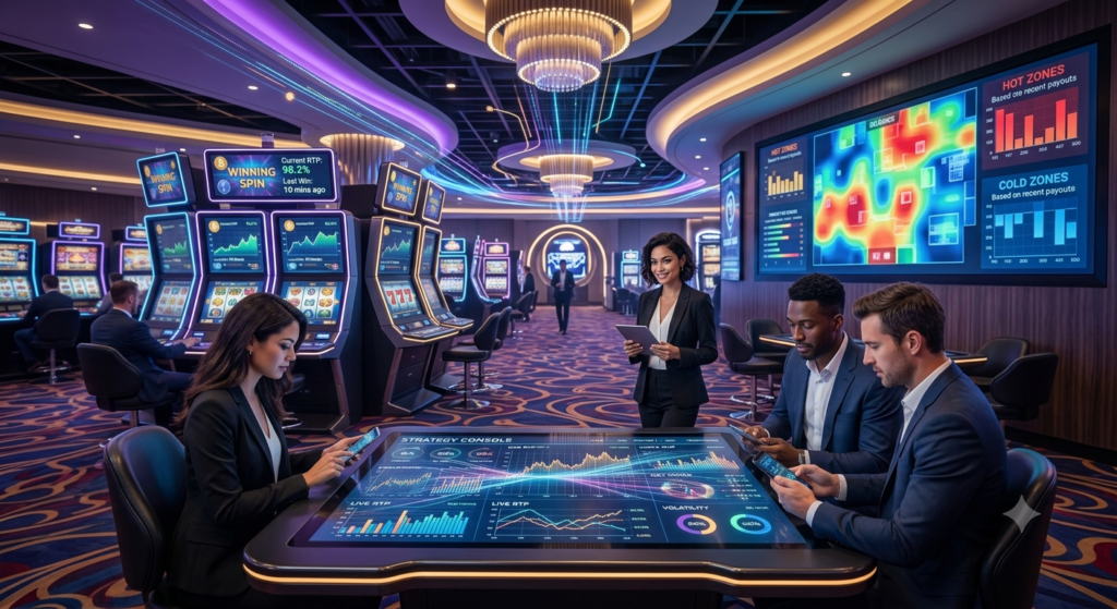 A group of crypto casino players sitting around an interactive data console analyzing real-time RTP charts to optimize their slot strategy in a futuristic neon lit environment