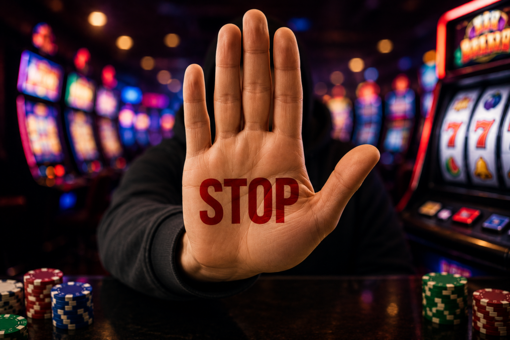 A casino-themed illustration showing a slot machine and a raised stop hand, representing responsible gambling, bankroll management, and knowing when to stop playing slots.