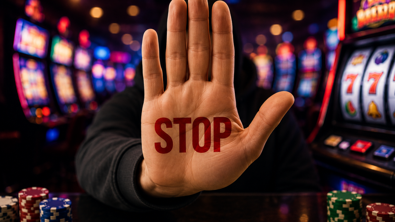 A casino-themed illustration showing a slot machine and a raised stop hand, representing responsible gambling, bankroll management, and knowing when to stop playing slots.