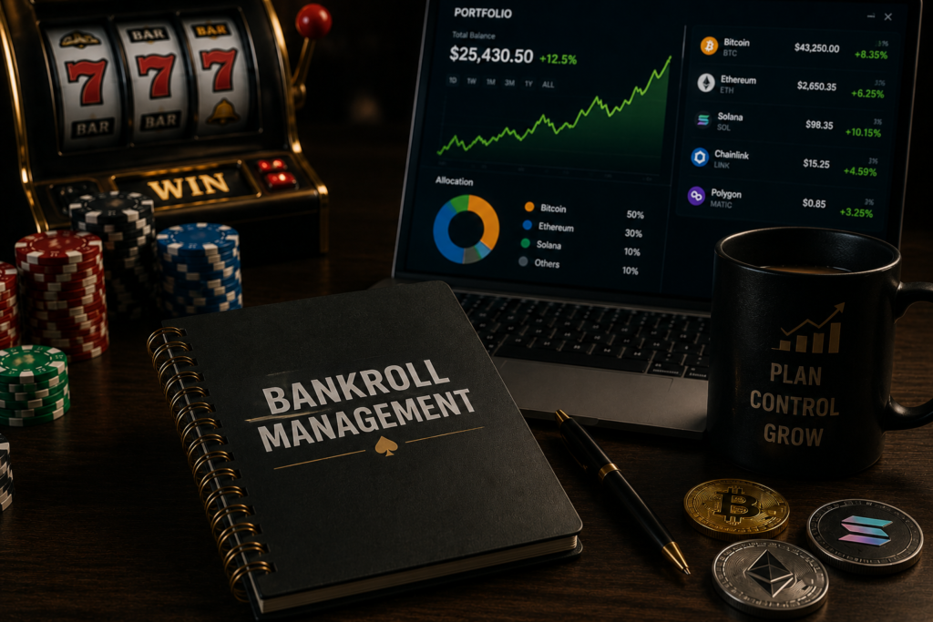 Bankroll Management notebook surrounded by poker chips, cryptocurrency coins, a slot machine, and a portfolio dashboard, illustrating disciplined bankroll management and crypto gambling strategy.