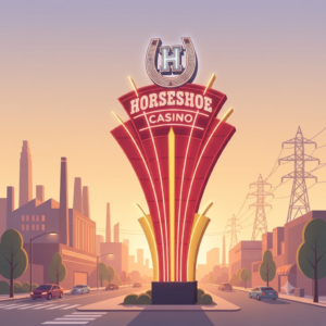Digital illustration of the iconic Horseshoe Casino sign standing by the road