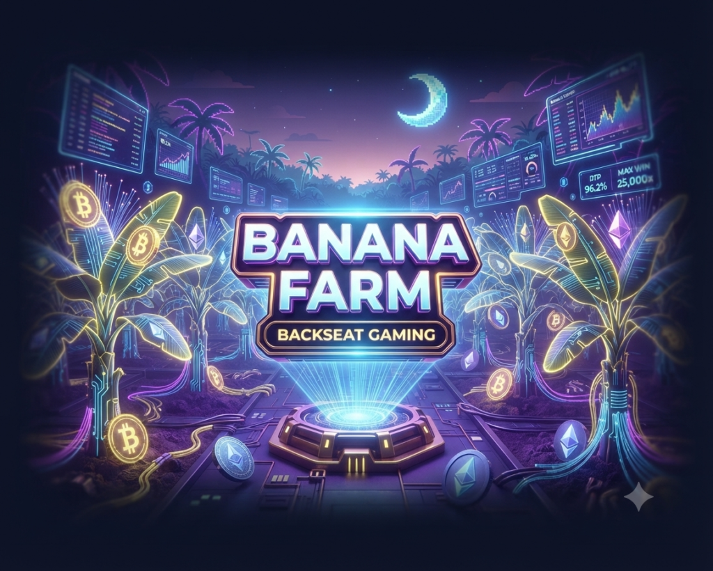 Futuristic neon Banana Farm slot machine interface with Bitcoin and Ethereum crypto symbols on a high-stakes gambling platform