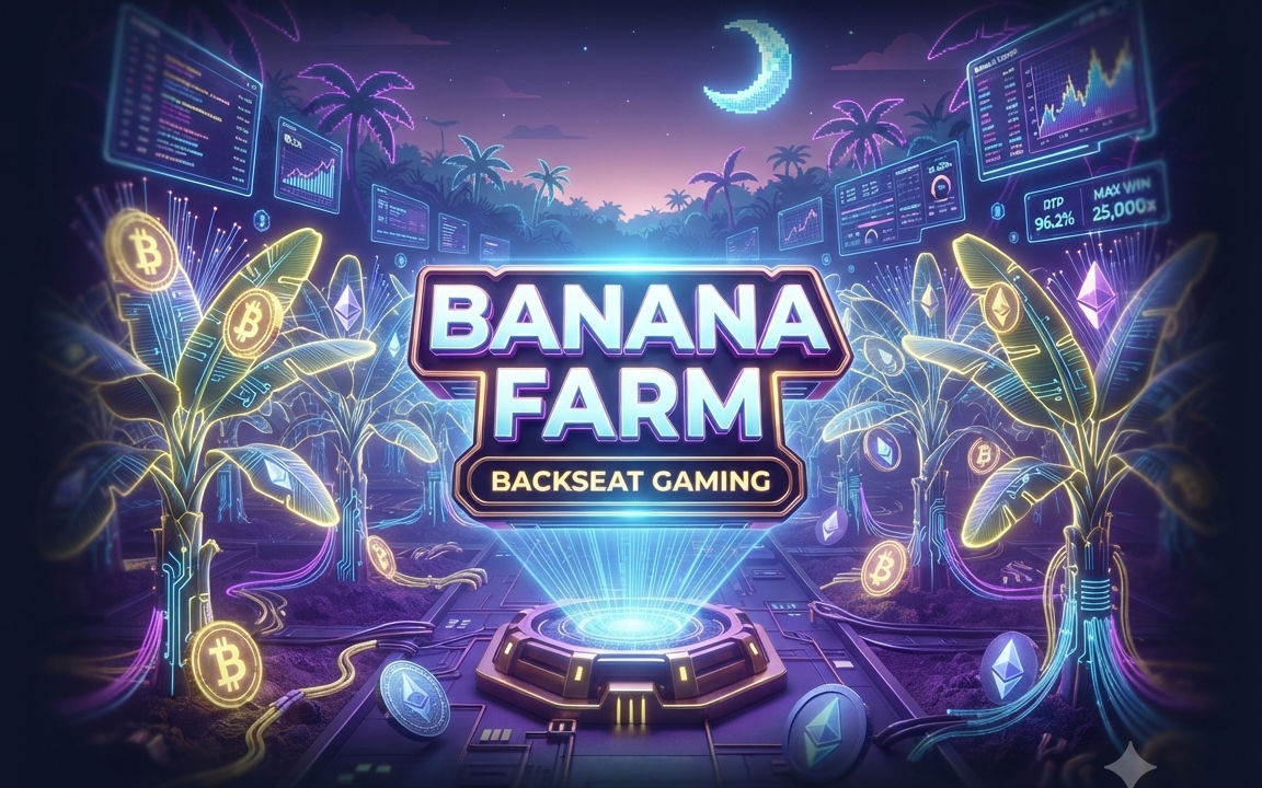 Futuristic neon Banana Farm slot machine interface with Bitcoin and Ethereum crypto symbols on a high-stakes gambling platform