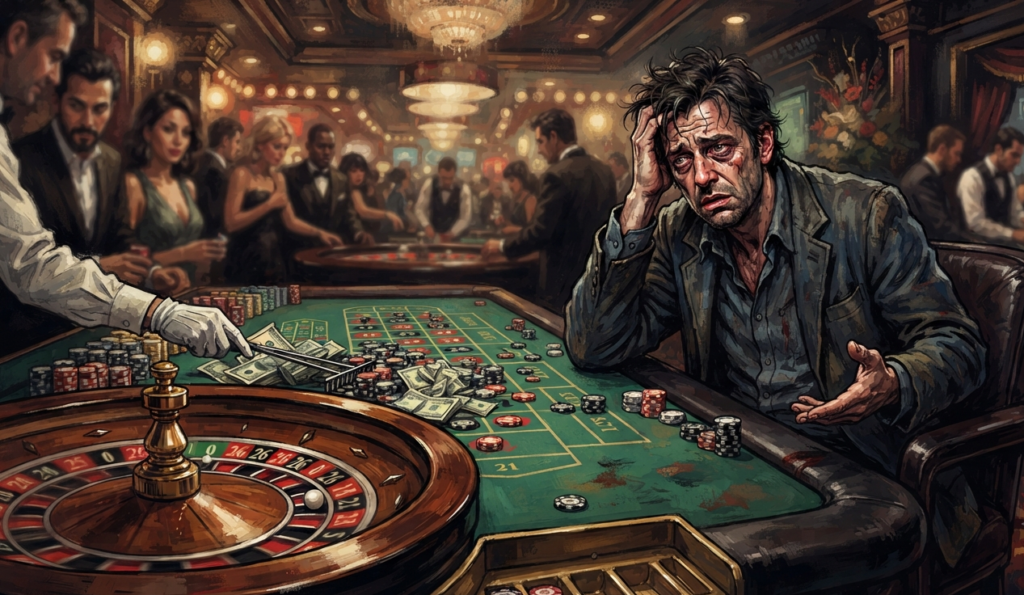 A man sitting at a roulette table in a luxury casino looking devastated after losing a large amount of money