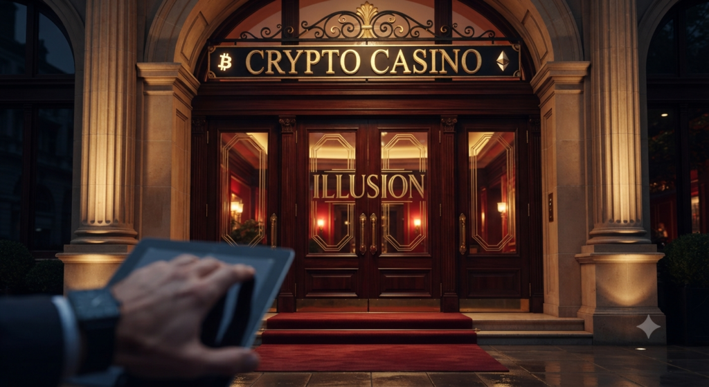 A luxurious grand entrance of a crypto casino at dusk, with massive wooden doors displaying the word "ILLUSION" in gold letters and a sign above reading "CRYPTO CASINO", viewed from the perspective of a player holding a tablet.
