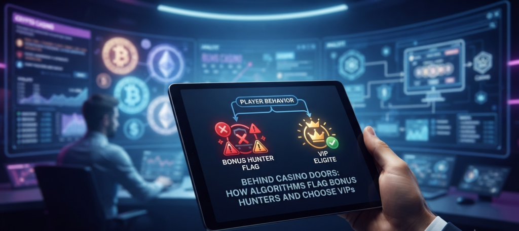 A futuristic control room showing a tablet with casino algorithms, bonus hunter flags, and VIP segmentation for the Life of Luck blog.