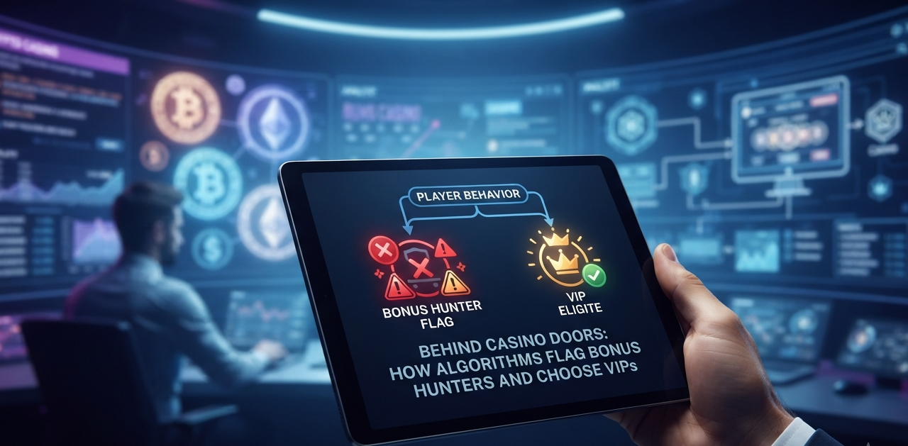 A futuristic control room showing a tablet with casino algorithms, bonus hunter flags, and VIP segmentation for the Life of Luck blog.
