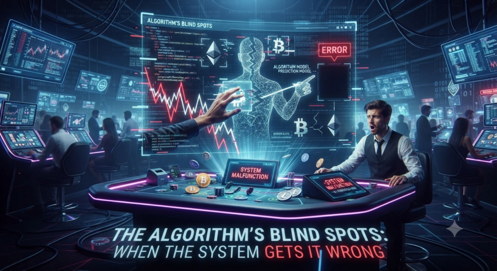 Futuristic digital illustration inside a high-tech crypto casino, where a large holographic projection displays chaotic data, glitching stock market graphs, and a fragmented human figure labeled 'ALGORITHM'S BLIND SPOTS'. Below the hologram, a man at a gaming table looks distressed, surrounded by flying cryptocurrency coins (Bitcoin, Ethereum) and blinking 'SYSTEM MALFUNCTION' and 'ERROR' messages. The entire scene is dark and immersive, lit by neon blue and red data streams.