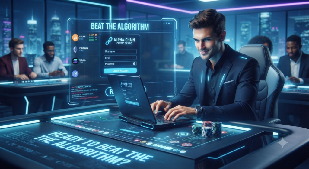 Futuristic digital illustration of a well-dressed man in a suit sitting at a high-tech crypto-casino gaming desk, using a laptop. A large holographic interface floats in front of him, displaying a registration form for "Alpha-Chain Crypto Casino" with the title "Beat the Algorithm," along with crypto exchange rates. Other players and a city skyline are visible in the blurred background, and the floor projection reads "Ready to Beat the Algorithm?