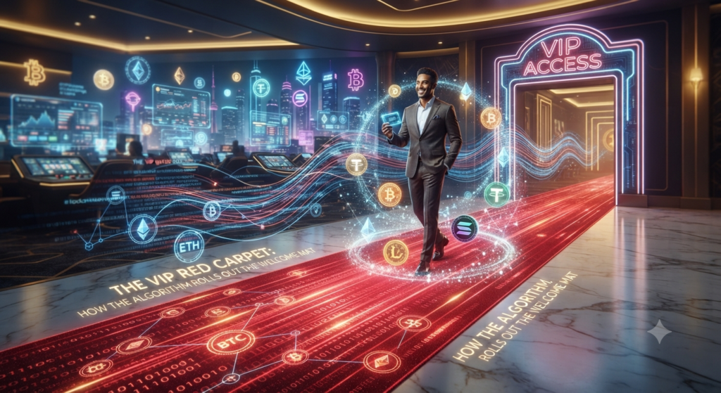 A luxury crypto casino VIP entrance with a digital red carpet, glowing cryptocurrency symbols, and algorithmic data streams welcoming a player.