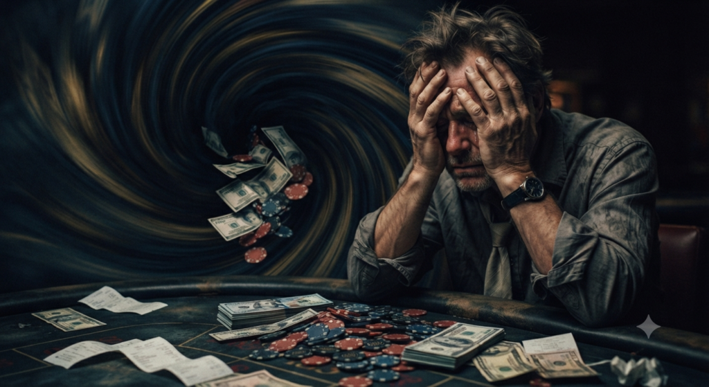 A depressed gambler sitting at a casino table with money and chips, illustrating the consequences of gambling losses and financial ruin.