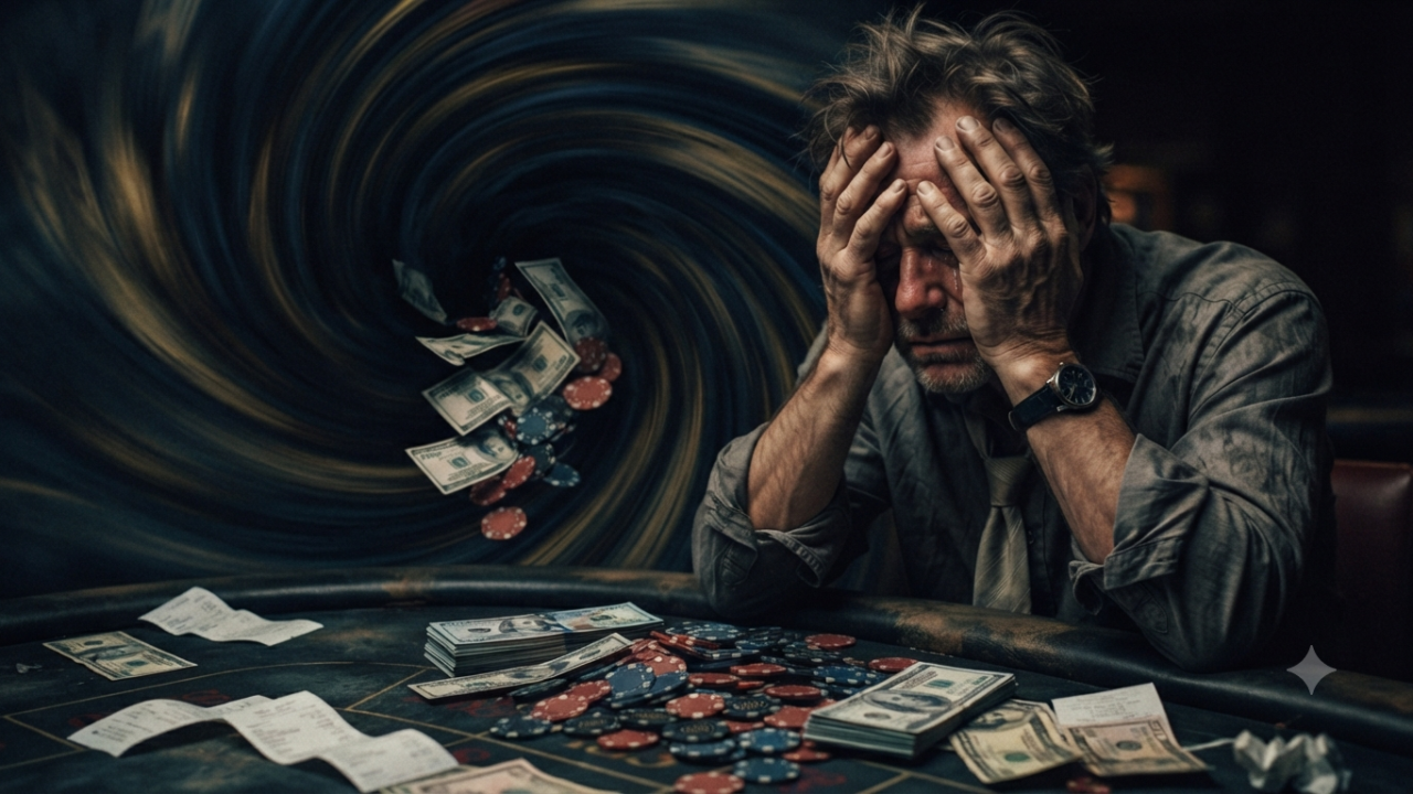 A depressed gambler sitting at a casino table with money and chips, illustrating the consequences of gambling losses and financial ruin.
