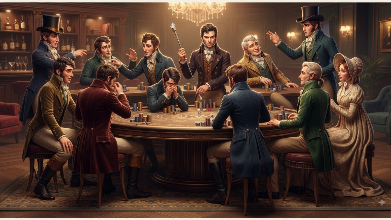 AI illustration of 19th-century gentlemen gathered around a casino table experiencing the highs and lows of gambling and betting systems.