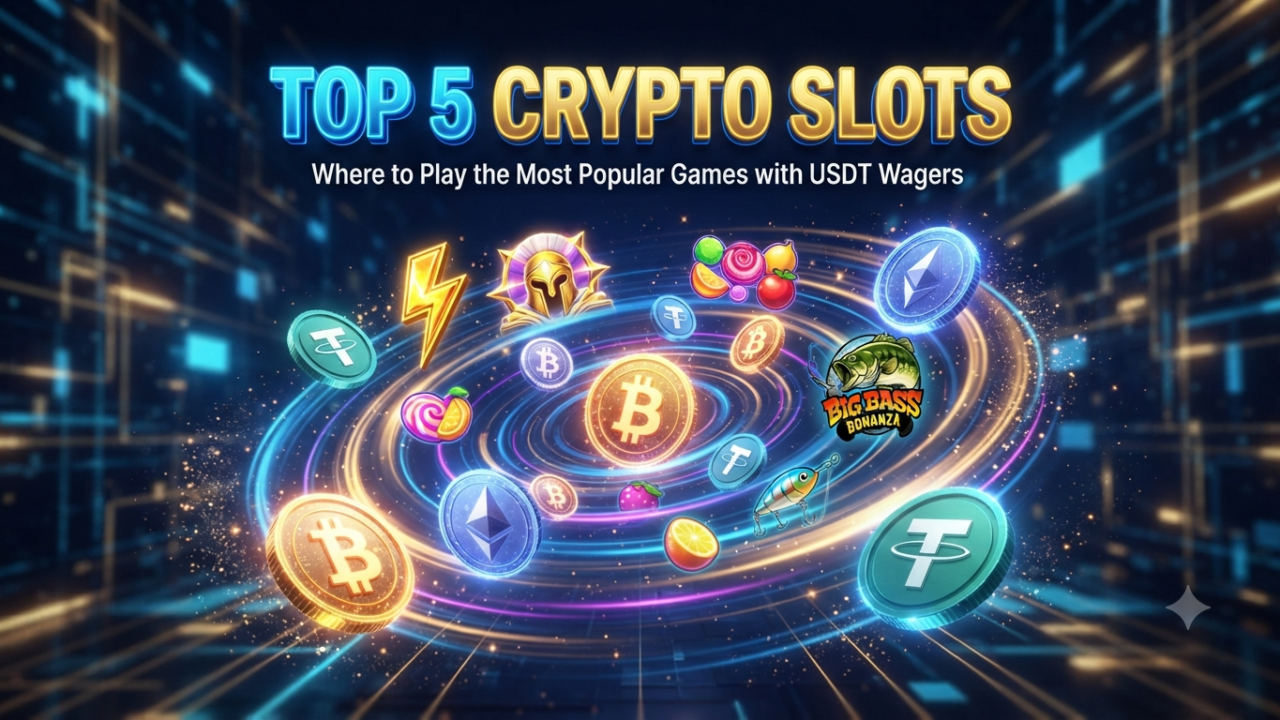 Top 5 Crypto Slots Where to Play Popular Games with USDT Wagers banner showcasing Bitcoin, USDT, and casino slot symbols