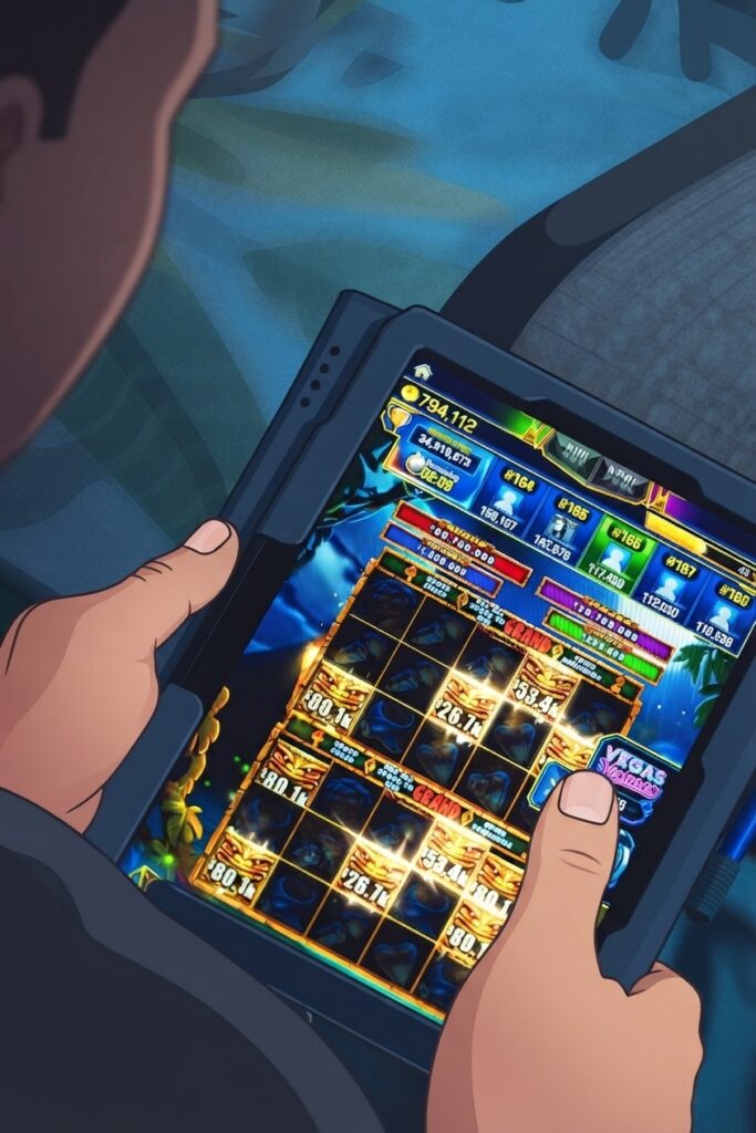 Illustration of hands on a tablet with an online slot game (Vegas Ventures)