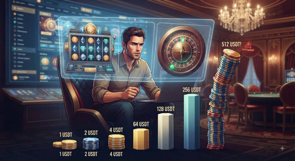 Conceptual AI illustration of a modern casino player weighing risks between online slots, roulette, and the Martingale betting strategy, with rapidly increasing stake amounts.