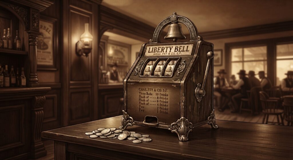 Sepia-toned photograph of a vintage Liberty Bell slot machine with ornate iron legs, sitting on a wooden bar counter in an old Western saloon.
