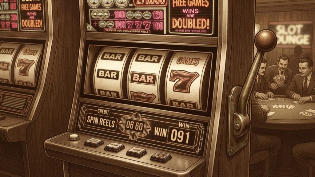 A detailed vintage photograph of an Art Deco-style wooden slot machine in a dimly lit retro casino. The machine's reels show a winning combination of "BAR-BAR-7", and the paytable above glows with neon-style text reading "FREE GAMES WINS ARE DOUBLED!" and "777" values. In the background, a group of men in 1940s attire (suits and fedoras) are seated at a card table with chips and cards visible. The overall color palette is a warm, nostalgic sepia tone.