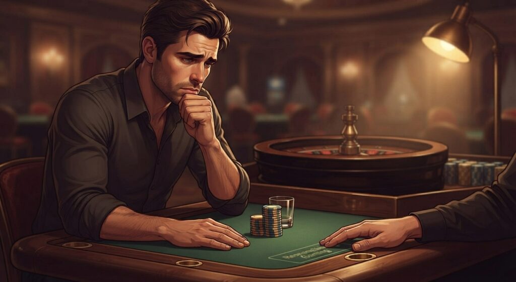 A pensive male casino player sitting alone at an empty antique gaming table, looking thoughtfully at a small stack of remaining chips, reflecting on his experience.