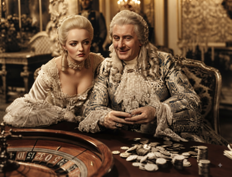 High-quality AI illustration of an opulent 18th-century couple in Rococo attire observing an antique roulette wheel and piles of gold and silver coins in a French chateau salon.