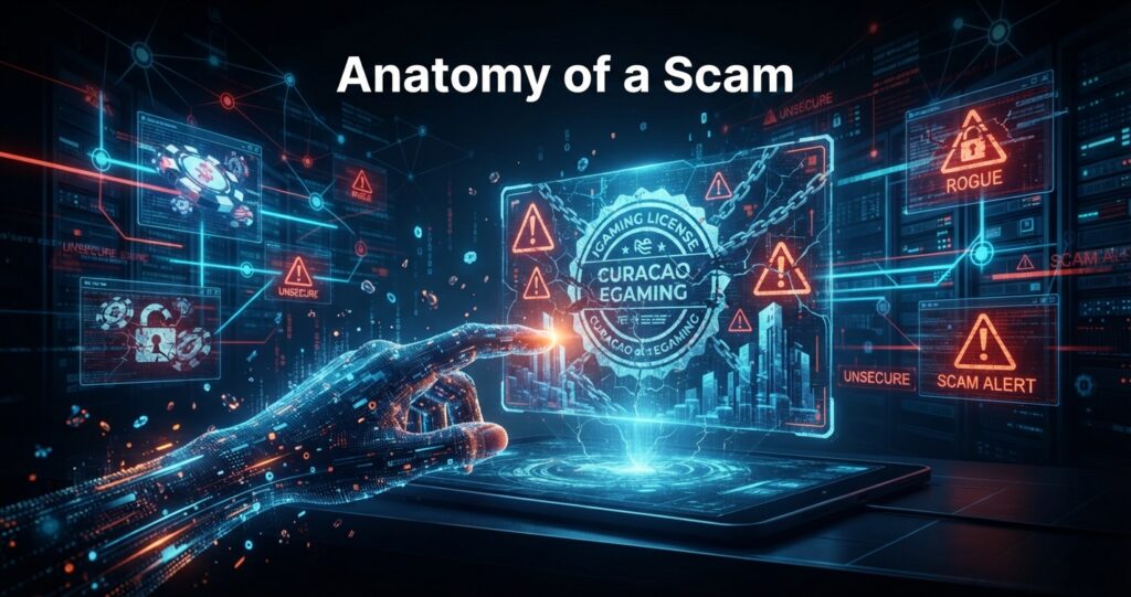 Digital hand interacting with a glowing, cracked holographic Curacao iGaming license seal, surrounded by warning triangles, digital locks, and data streams. Illustrates the concept of identifying rogue online casinos and scam alerts