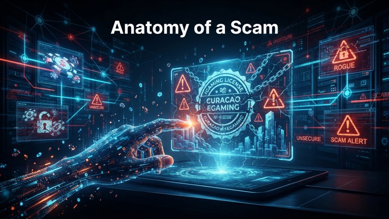 Digital hand interacting with a glowing, cracked holographic Curacao iGaming license seal, surrounded by warning triangles, digital locks, and data streams. Illustrates the concept of identifying rogue online casinos and scam alerts