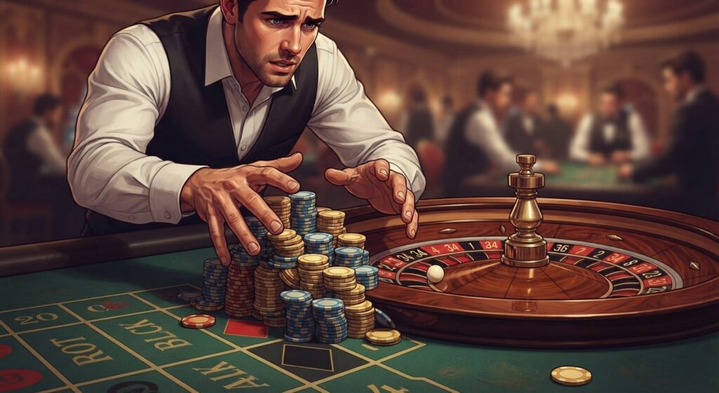 A cinematic close-up AI illustration of a player's hands pushing an enormous, unstable pile of chips onto 'Black' on a roulette table, while the white ball rests in a red slot, signifying a major loss.