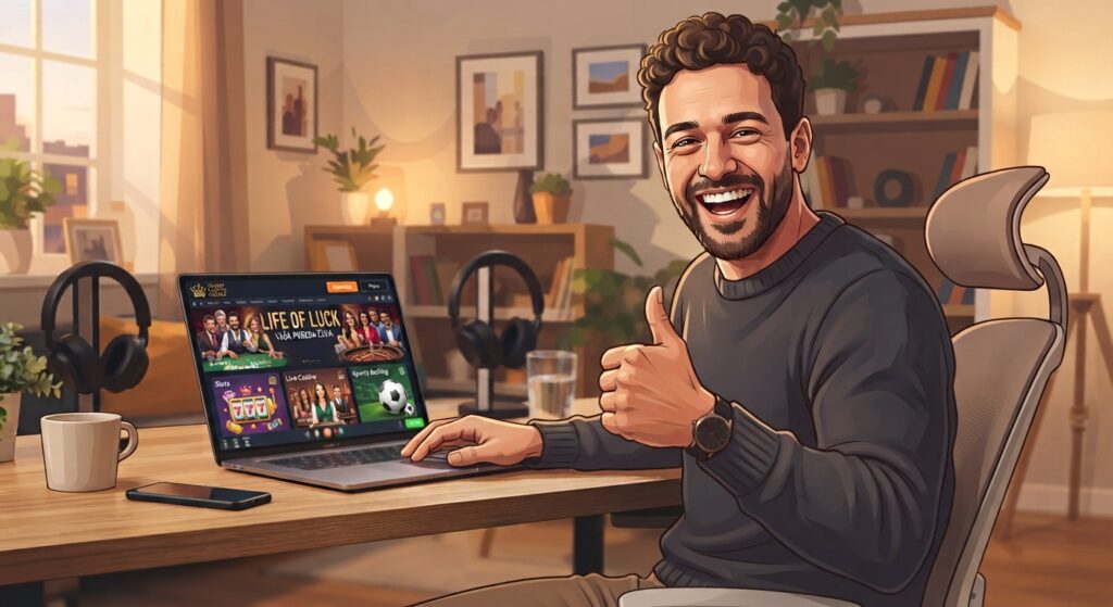 Satisfied player giving a thumbs up in front of a laptop displaying the Life of Luck platform, illustrating safe and verified online gambling
