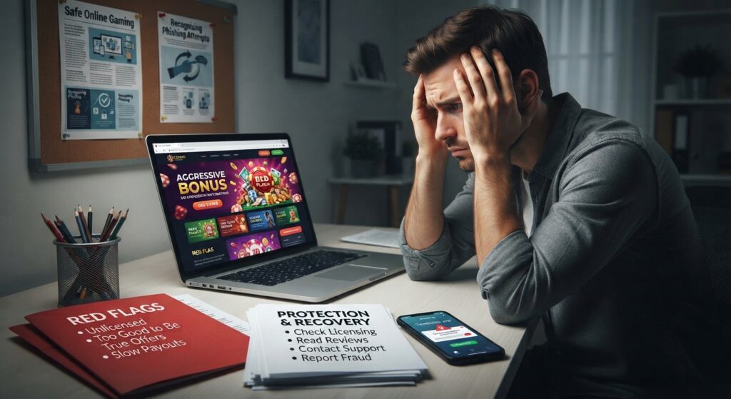 Stressed man looking at a suspicious online gambling platform on his laptop with red flags and protection guides.