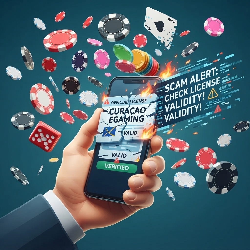 A hand in a business suit holds a smartphone displaying an active casino slot game interface. The background is filled with floating casino elements, including chips, dice, and a spinning roulette wheel against a teal gradient. Represents modern digital gambling.