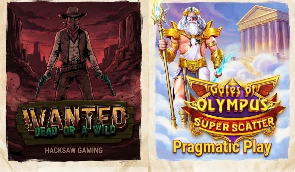 A side-by-side illustration comparing two popular slot games: 'Wanted Dead or a Wild' by Hacksaw Gaming (left) featuring a western outlaw, and 'Gates of Olympus Super Scatter' by Pragmatic Play (right) featuring Zeus.