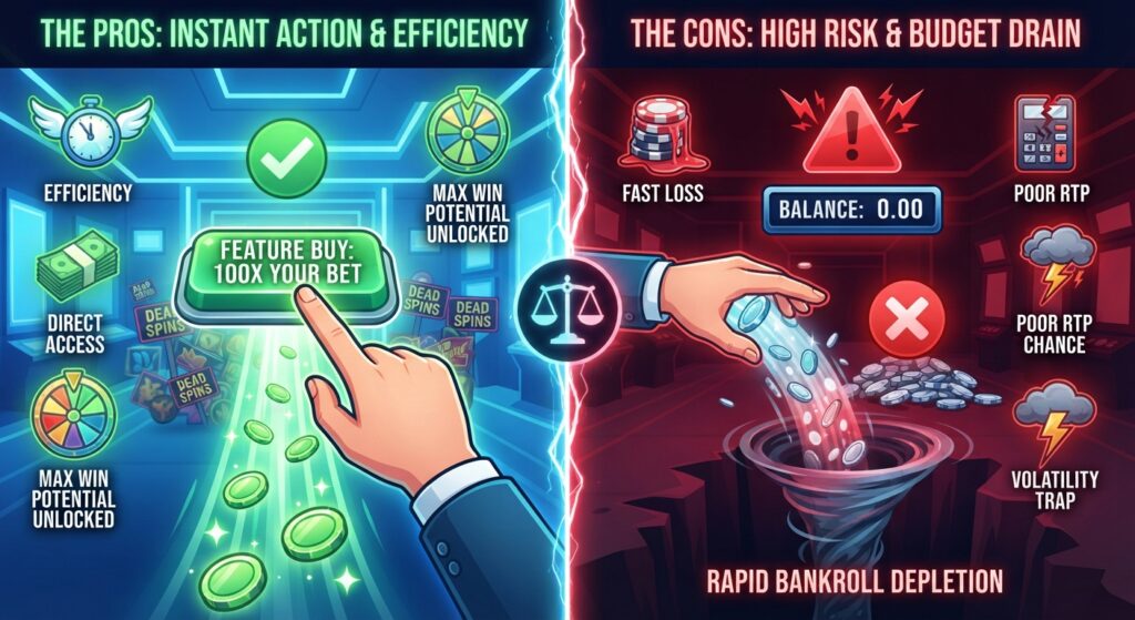 A split panel infographic illustrating the pros and cons of slot bonus buys. On the green glowing 'Pros' side, a hand presses a 'Feature Buy' button, bypassing dead spins for instant access and high multipliers. On the red glowing 'Cons' side, the hand recoils from a warning sign over a depleted balance, showing rapid bankroll drain and volatility risks.