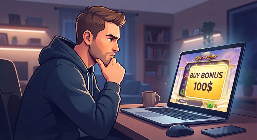 A digital vector illustration of a player sitting in front of a laptop, thoughtfully considering whether to click the 'BUY BONUS' button priced at 100$ on an online slot game screen.