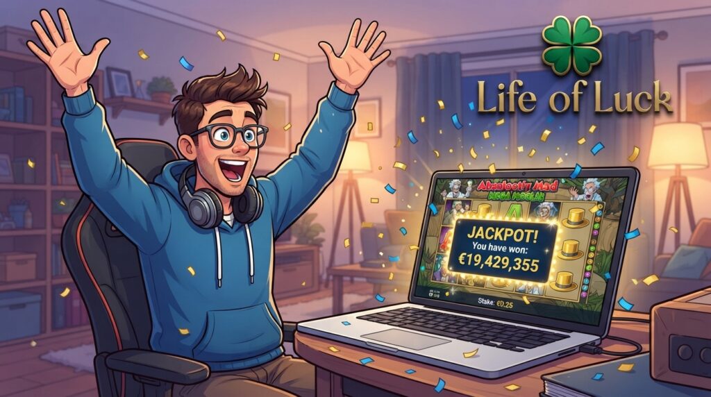 Illustrated image of a joyful young man celebrating an online slot machine jackpot of 19,429,355 euros on his laptop with a 0.25 euro stake, with confetti falling around him and the "Life of Luck" clover logo in the corner.