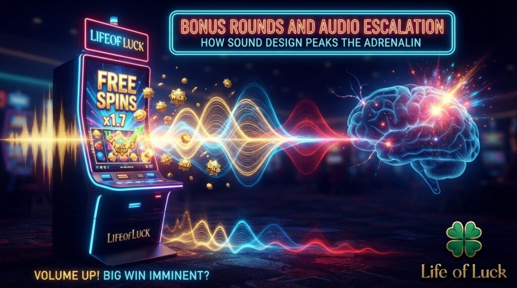 Illustration of slot machine bonus round psychology showing massive sound waves and musical notes transmitting from a "FREE SPINS" slot machine to a highly stimulated human brain. Features neon text "BONUS ROUNDS AND AUDIO ESCALATION" and the Life of Luck clover logo.