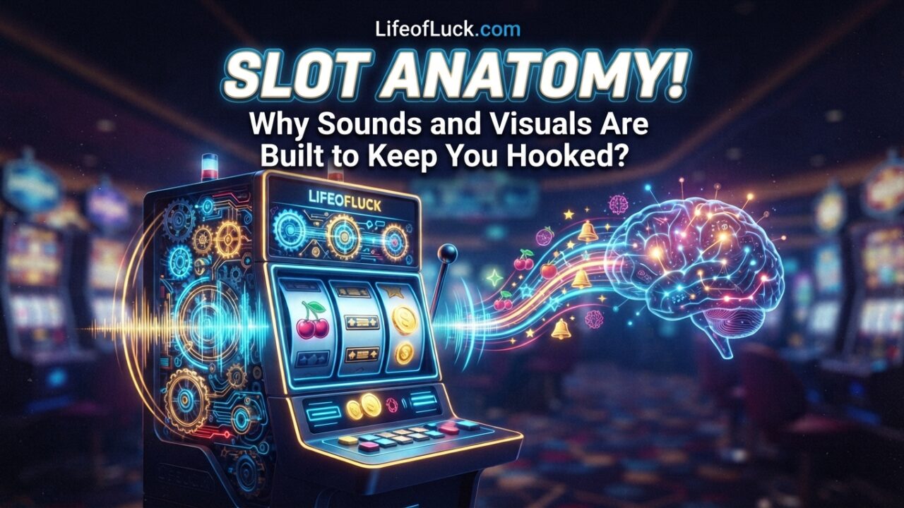 Slot machine glowing in a neon casino setting with a human brain illustration connected by sound waves, representing slot machine psychology and design.