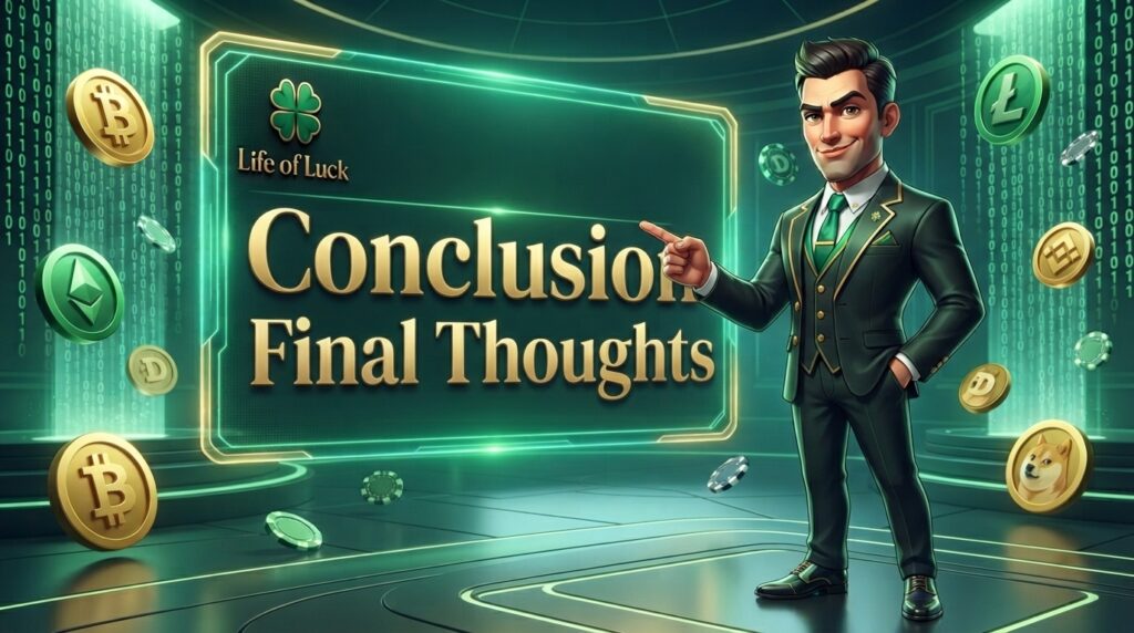 A crypto-casino themed illustration featuring a stylish businessman in a green suit pointing to a holographic display with the gold text 'Conclusion Final Thoughts' and the 'Life of Luck' four leaf clover logo