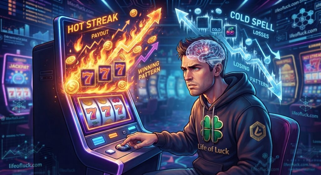 A stylized digital illustration of a crypto casino player at a slot machine terminal, with holographic projections showing a fiery 'HOT STREAK' (rising trend, wins) on one side and a frozen 'COLD SPELL' (falling trend, losses) on the other. The player's brain is highlighted with neural pathways, emphasizing the cognitive bias behind believing in streaks. (lifeofluck.com)