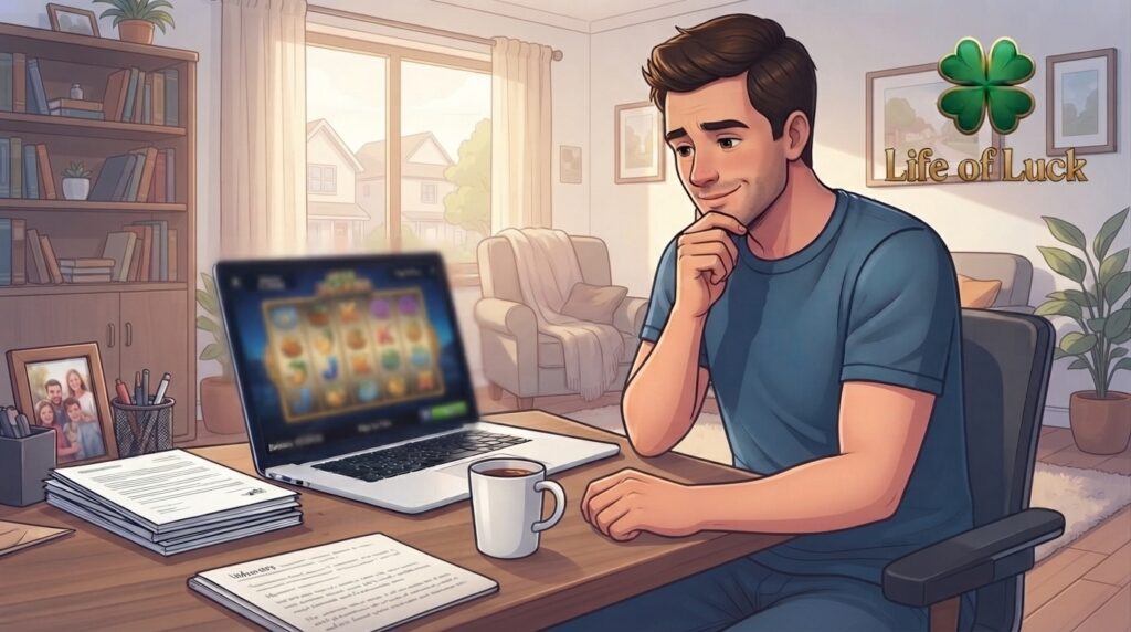 An illustrated image shows a man in a blue t-shirt sitting at a desk in a home living room. He has his hand on his chin, looking thoughtfully at a laptop screen that displays a blurred online slot machine game. The desk also holds stacks of papers, a coffee mug, and a framed family photo. In the upper right corner, there is a logo with a four-leaf clover and the text "Life of Luck.