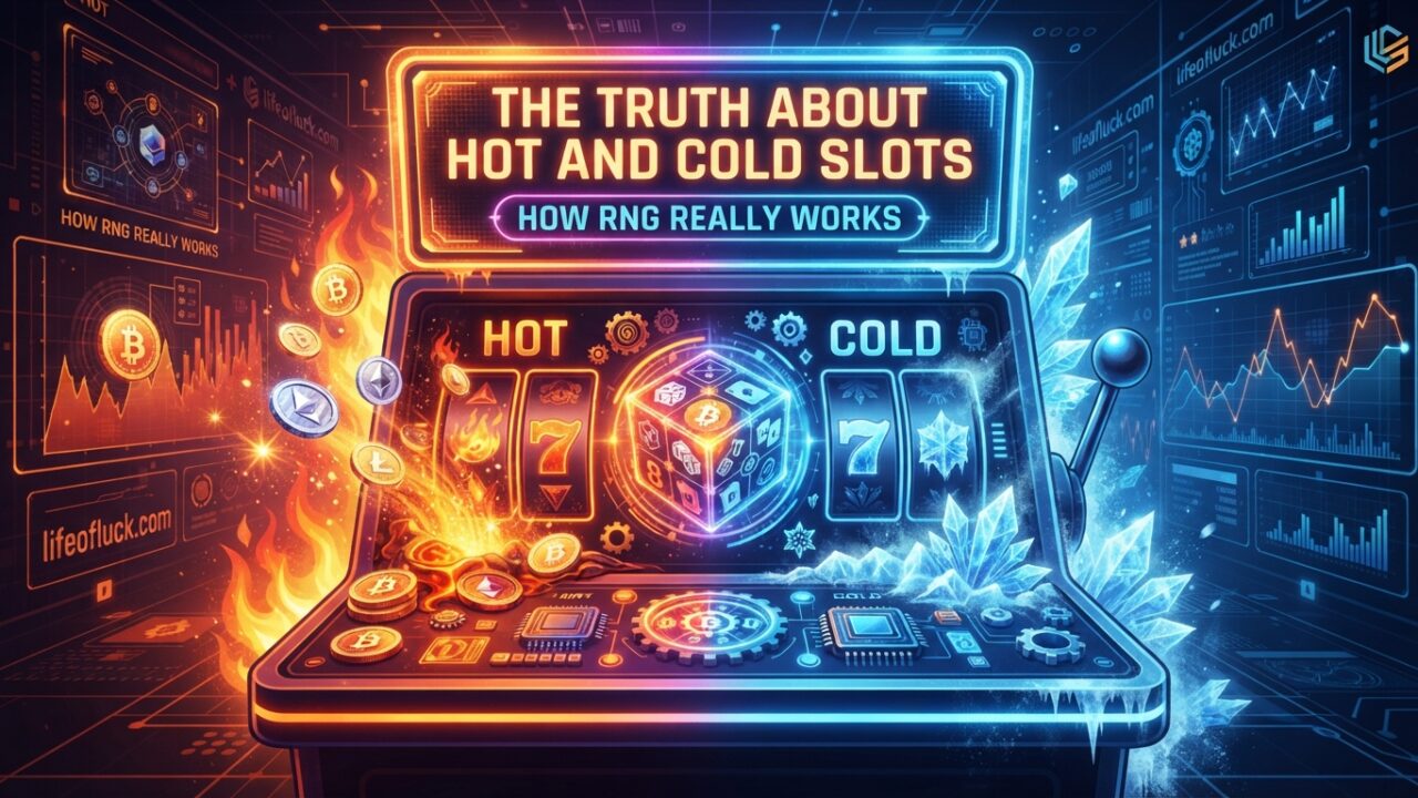A futuristic digital slot machine displaying the text "THE TRUTH ABOUT HOT AND COLD SLOTS: HOW RNG REALLY WORKS." The image is split between fiery orange elements with Bitcoin and Ethereum for the 'hot' side and icy blue elements for the 'cold' side, all within a high-tech data analytics background. (lifeofluck.com)