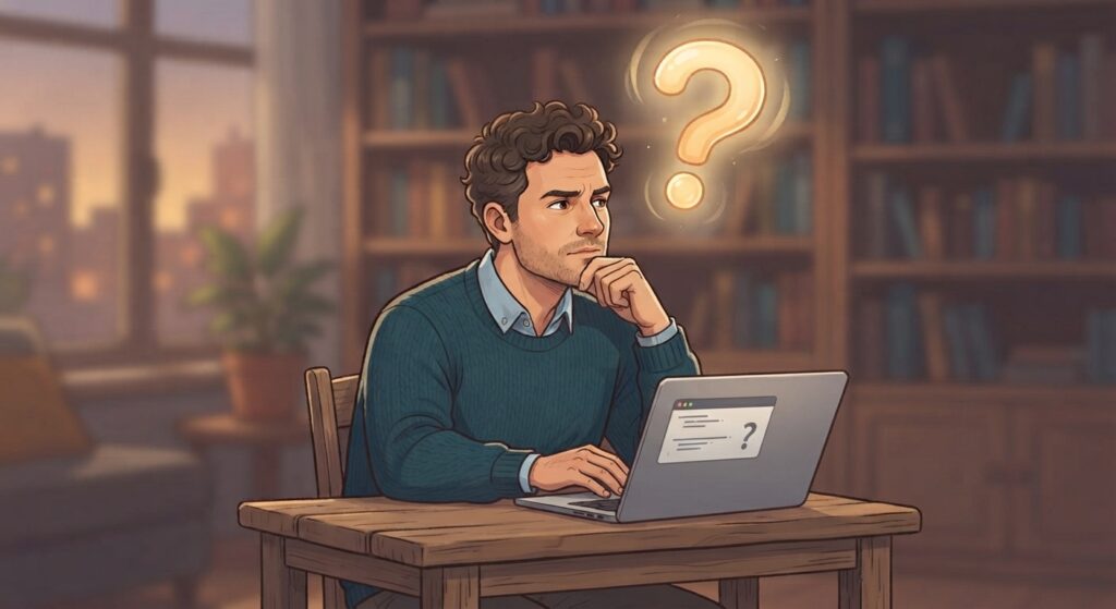 Illustration of a man thoughtfully looking at a laptop with a question mark above his head, in a dilemma about which slot game to choose.