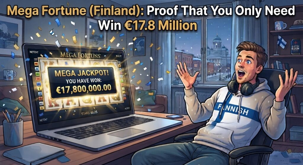 An illustrative image shows a man in a Finn-themed hoodie celebrating ecstatically at a desk with a laptop screen displaying a "Mega Jackpot" win of €17,800,000 on the "Mega Fortune" slot, with Helsinki Cathedral visible through the window in the background.