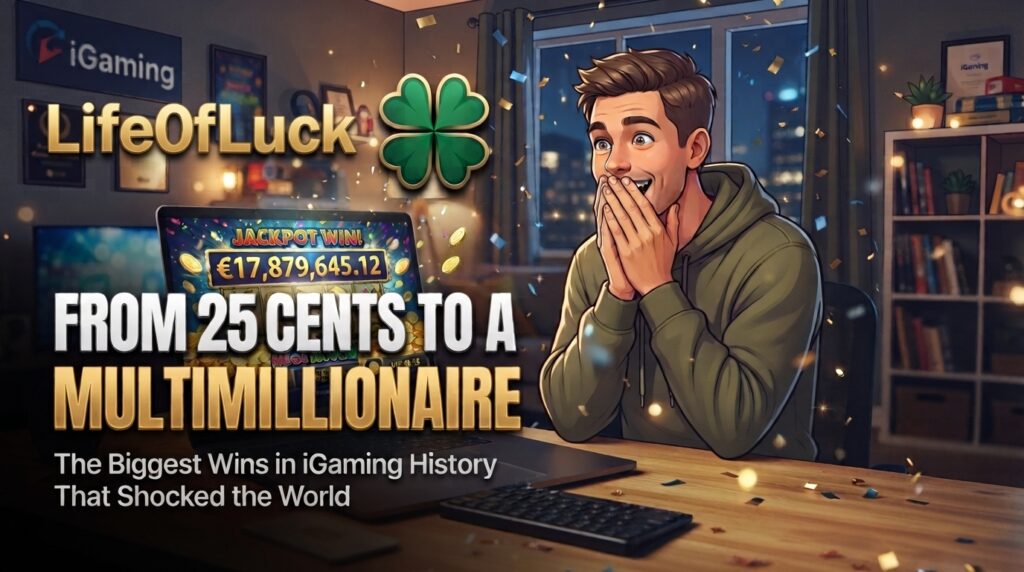 Excited man celebrating a €17,879,645 online slot jackpot win on his laptop, with "LifeOfLuck" and "From 25 Cents to a Multimillionaire" branding, confetti, and home office background.