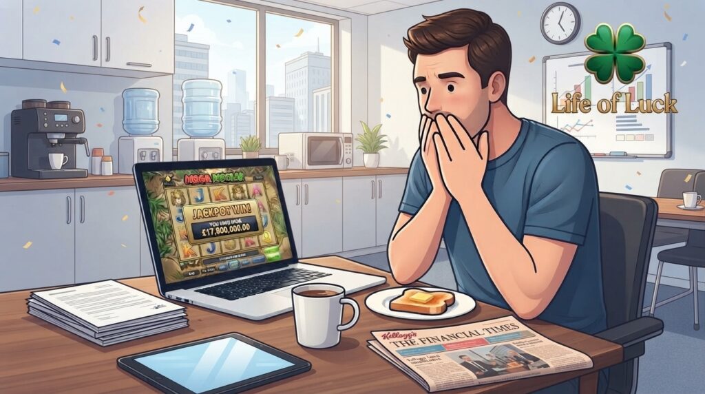 An illustration of a man sitting at an office desk eating breakfast, holding his hands over his mouth in shock as his laptop screen displays a Mega Moolah online slot game with a jackpot win of £17,800,000.00.
