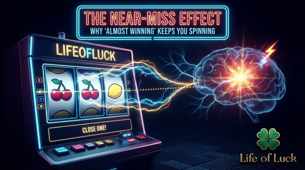 Illustration of slot machine psychology showing a near-miss effect with unmatched symbols on the screen, connected to a glowing human brain. Features "THE NEAR-MISS EFFECT" heading and the Life of Luck clover logo.