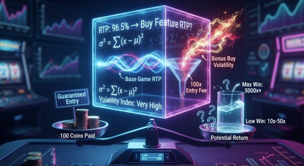A futuristic digital visualization comparing slot machine math, featuring a glowing holographic cube with RTP formulas, a scale balancing guaranteed entry coins against potential returns, and volatility meters showing high-risk multipliers.